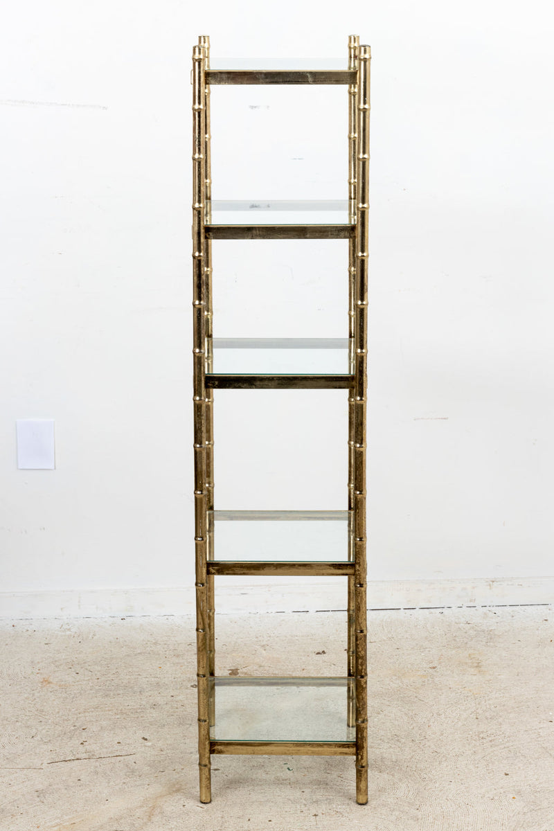 Mid-Century Modern Faux Bamboo Brass Etagere With Stair Form and Smoked  Glass